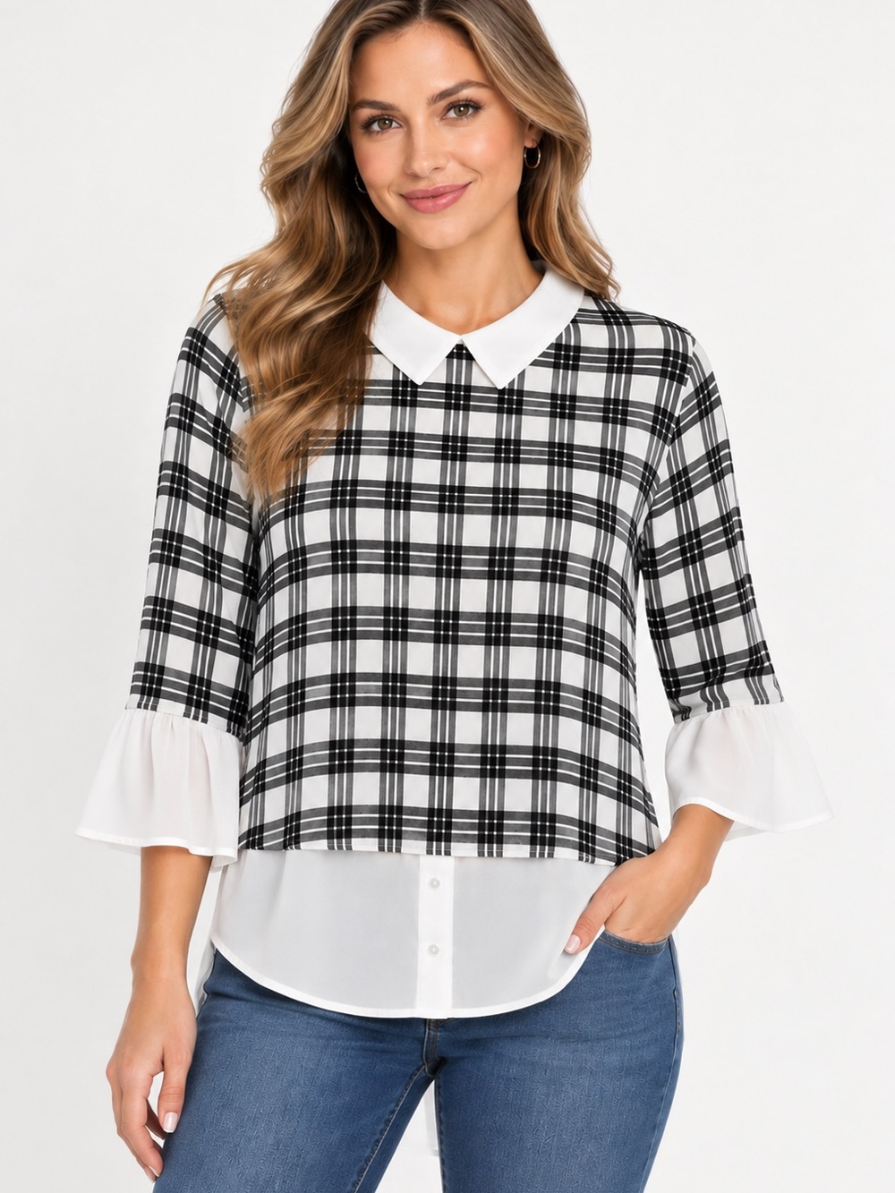 Elle Black & White Plaid Collared Ruffle Sleeve Top